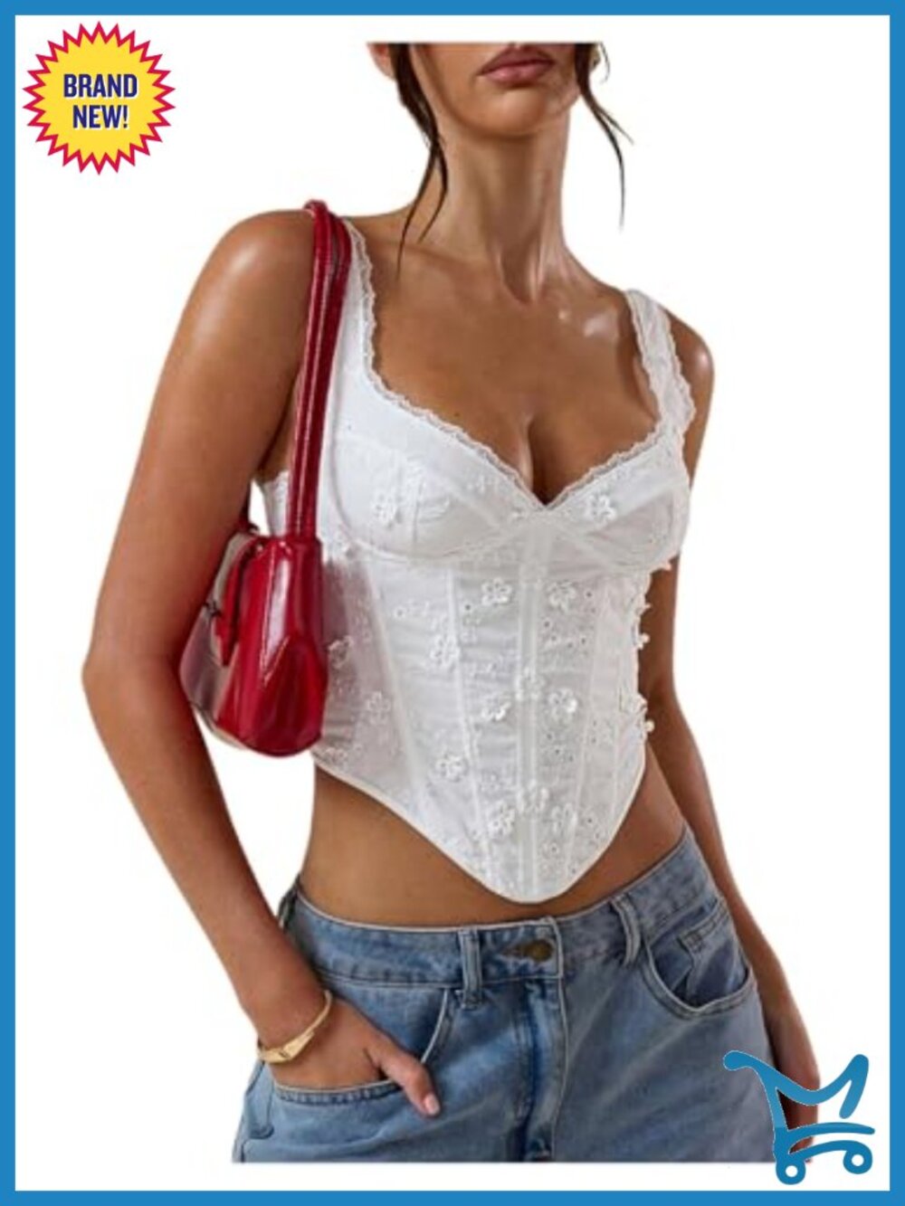 Lace Embroidered Corset Top Womens Sleeveless V Neck Crop